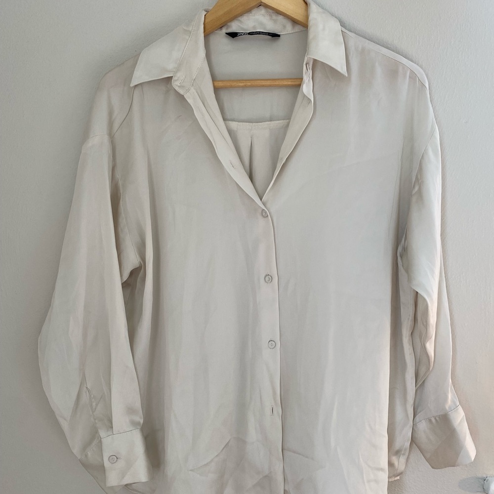 Zara Satin ivory button down top